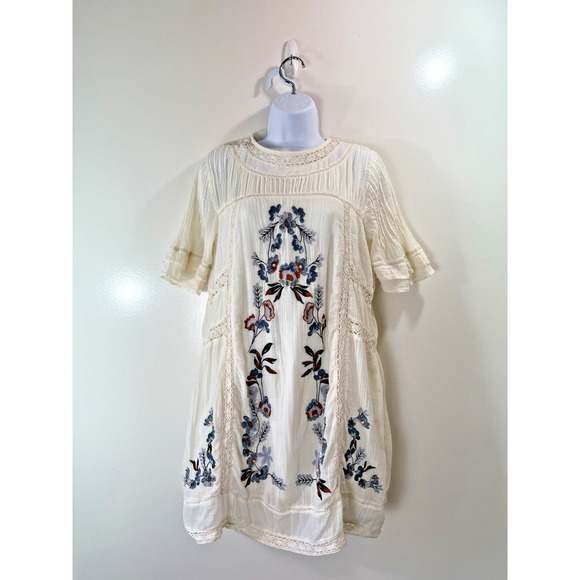 Free People Dresses & Skirts - Free People Women’s Embroidered Peasant Dress Size S Cream Blue Crochet Festival